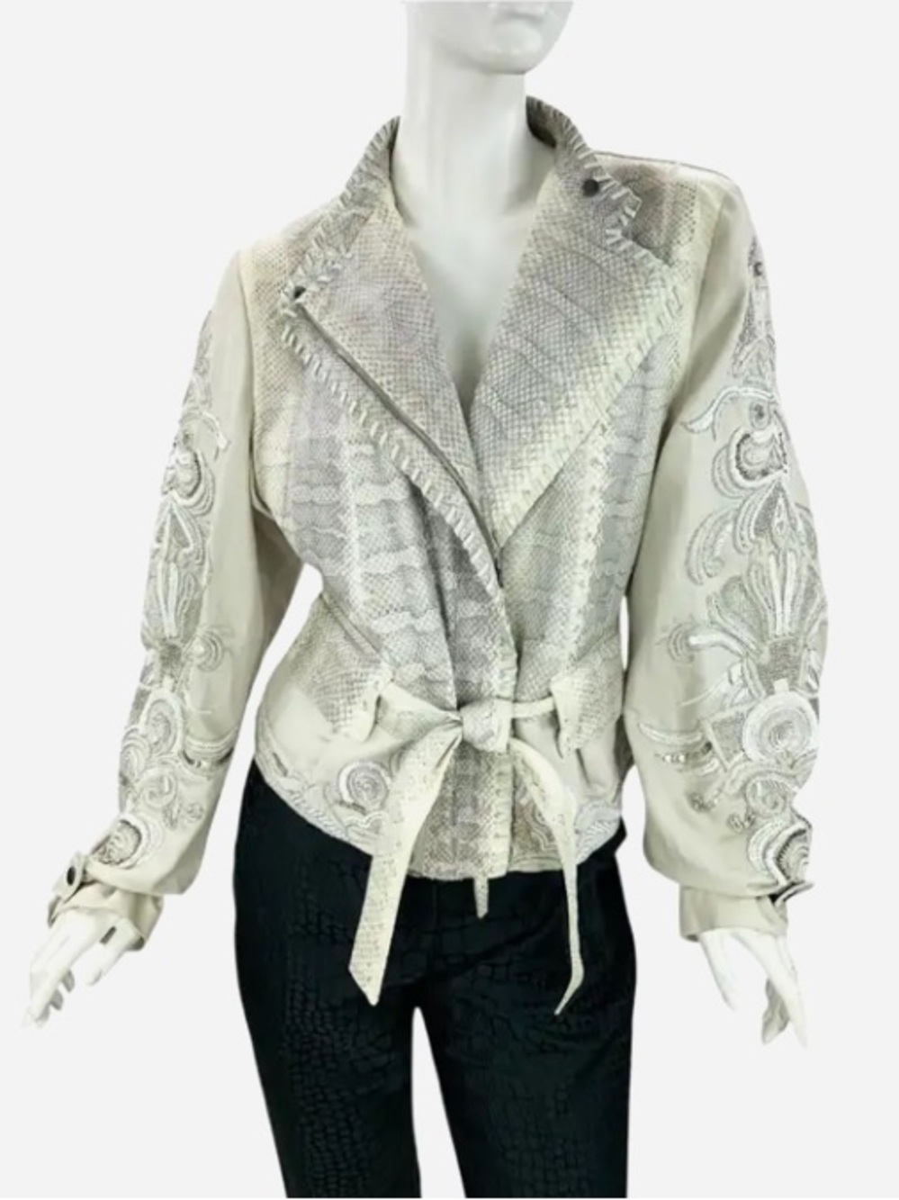 NWT Roberto Cavalli Snake Print Leather with Beaded Statement Sleeves Italian 44